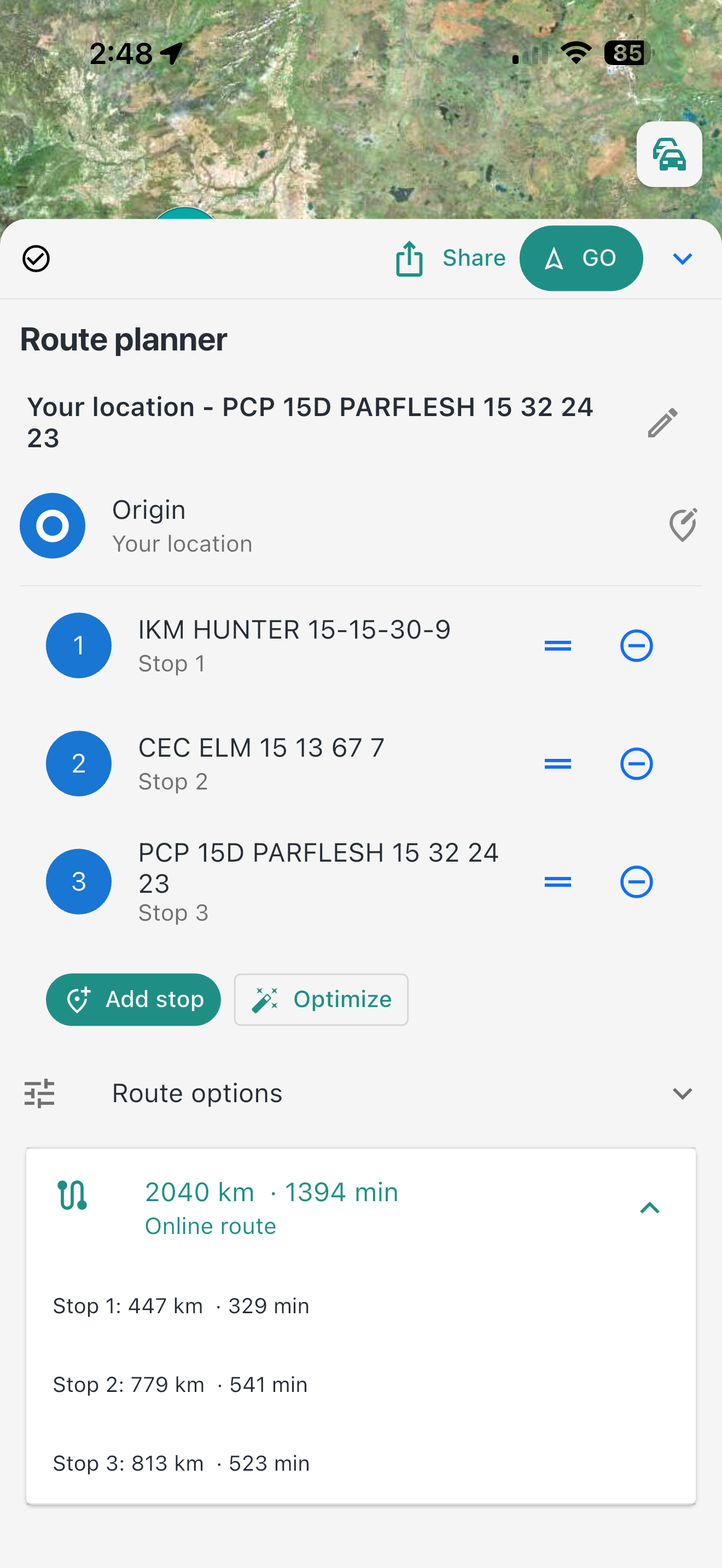 Oilfield Route planner showing three stops with circle-minus removal controls and expanded route details with total and per-stop driving distances and times