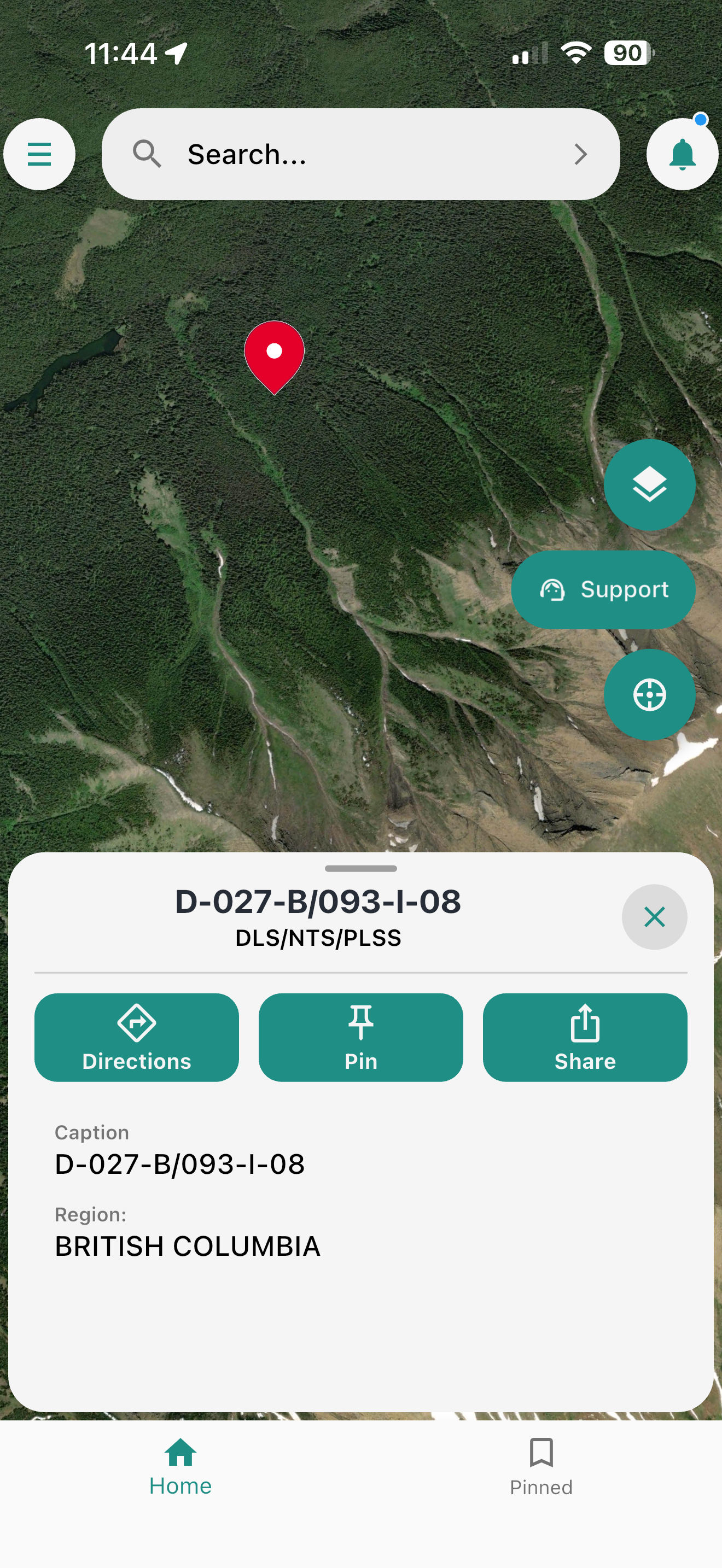 Oilfield Route NTS location screen showing the resolved map pin and location details