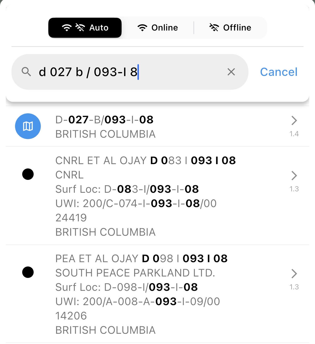 Oilfield Route NTS search screen showing a typed NTS reference and search results