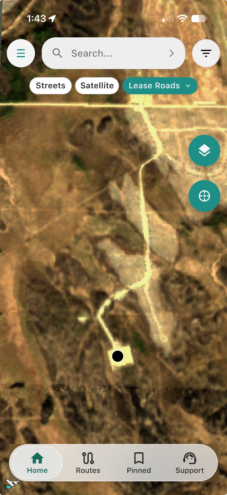 Oilfield Route map with Lease Roads selected, showing a cleared road and well pad