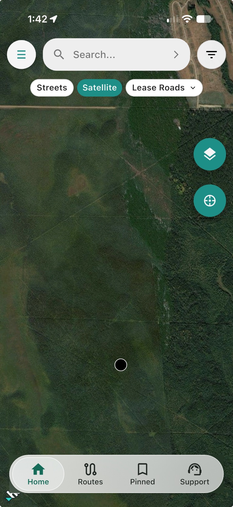 Oilfield Route map with Satellite selected, showing green forest cover