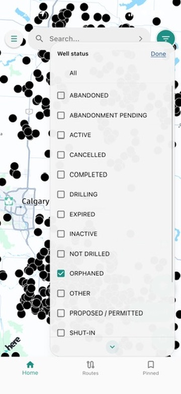 The Oilfield Route well status filter with ORPHANED checked and every other status unchecked