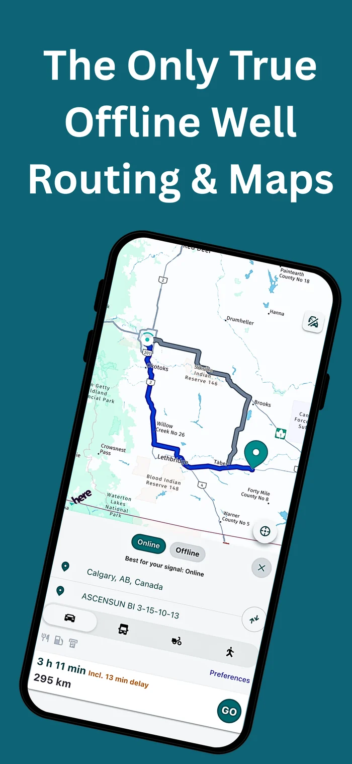 Oilfield Route app showing offline routing from Calgary to a wellsite