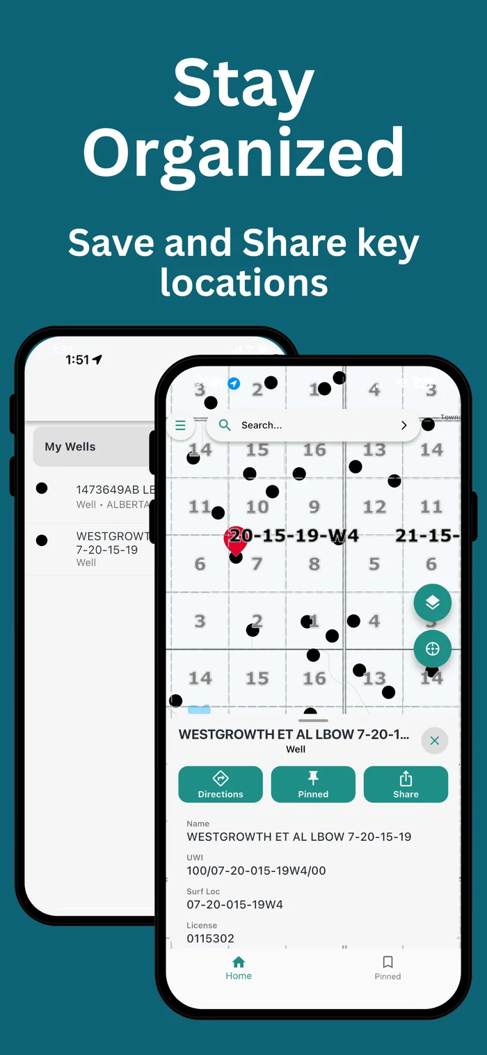 App interface showing saved wells and location sharing