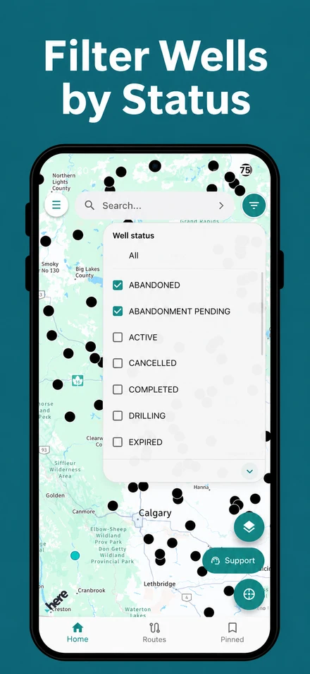 Oilfield Route map with the Well status filter open and abandoned and abandonment pending selected